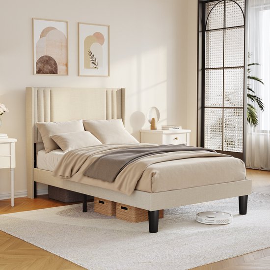Bealife BF45 Tweepersoonsbedden , Standaard Platform Frame met Wingback Hoofdbord, 208 x 120 x 122cm, Gestoffeerd Platform Bed met Modern Geometrisch Hoofdbord, Houten Latten, Geluidsvrij, Geen Box Spring Nodig, Beige