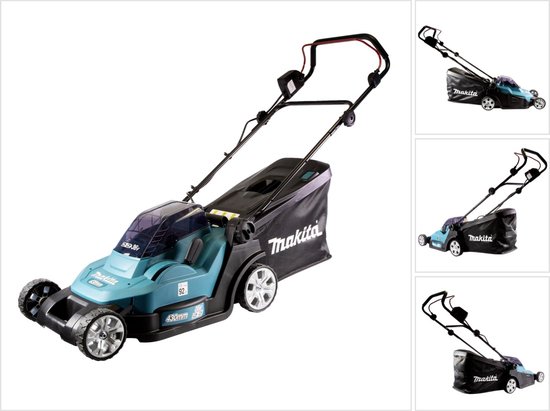 Turquoise Makita grasmaaier met opvangzak en meerdere afbeeldingen van het product.