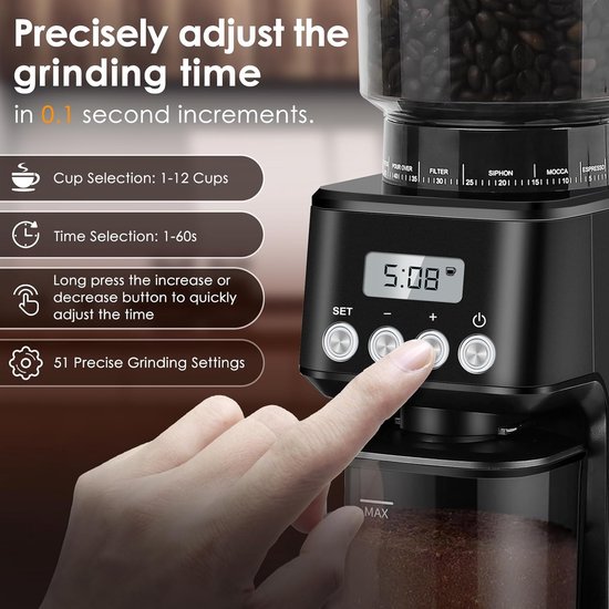 Homtone Elektrische Kaffeemühle für Siebträger und Behälter, 51