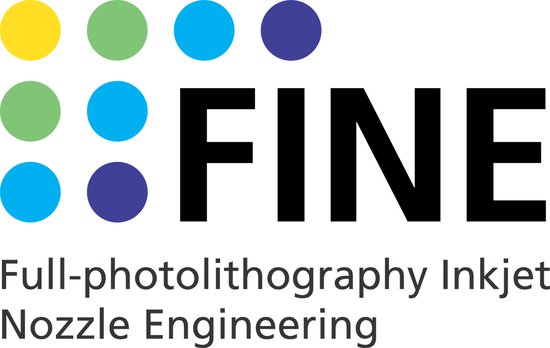 Logo met acht gekleurde cirkels en het woord FINE, met de tekst "Full-photolithography Inkjet Nozzle Engineering".