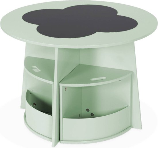 Lichtgroene kindertafel met klavermotief, met vier opbergvakken eronder.