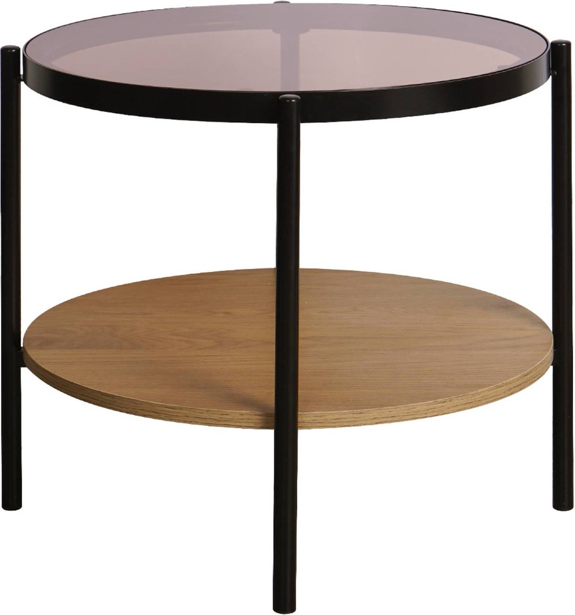 sweeek Ronde salontafel / bijzettafel 52 x 52 cm met hout- en metaaleffect zwart, 2 tafelbladen waarvan één in gehard glas Naturel