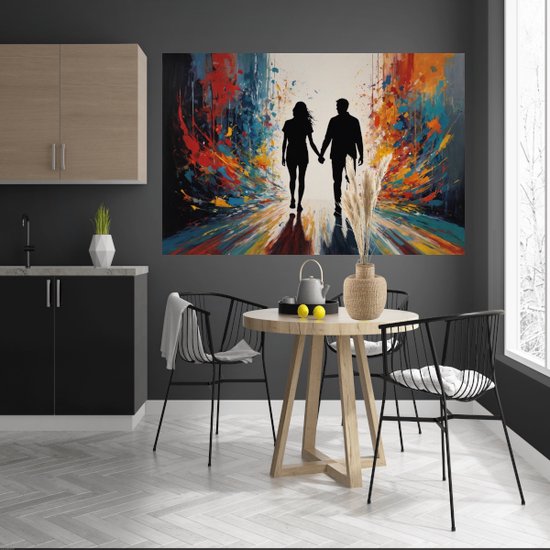 Main dans la main dans un monde de portrait en couleur - Portrait de couple - Peinture sur toile Personnes - Décoration murale industrielle - Toile avec cadre de cuisson cuisine - Toile de Décoration murale avec cadre de cuisson 100x75 cm