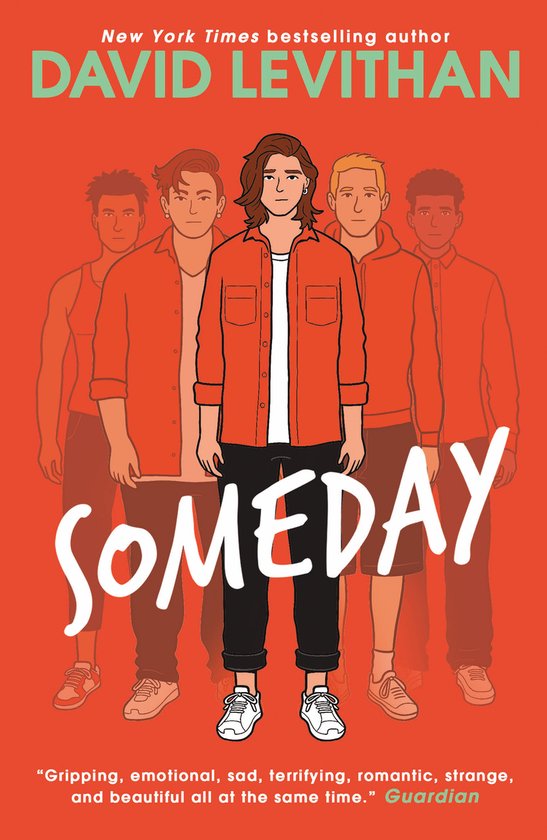 Boekcover met de titel 'Someday' en een illustratie van vijf jongens, met de auteur David Levithan bovenaan.