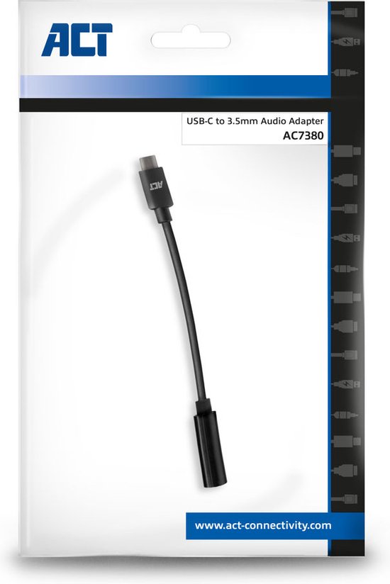 Emballage ACT AC7380 avec adaptateur audio noir USB-C vers 3.5mm.