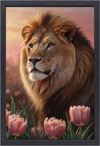Leeuw portret - Dieren schilderij - Schilderijen canvas Tulpen - Landelijke schilderijen - Canvas schilderijen met baklijst - Kunst aan de muur canvas met baklijst 50x70 cm