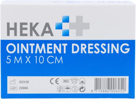 Heka Ointment Dressing 5 m x 10 cm, met lotnummer en CE-markering