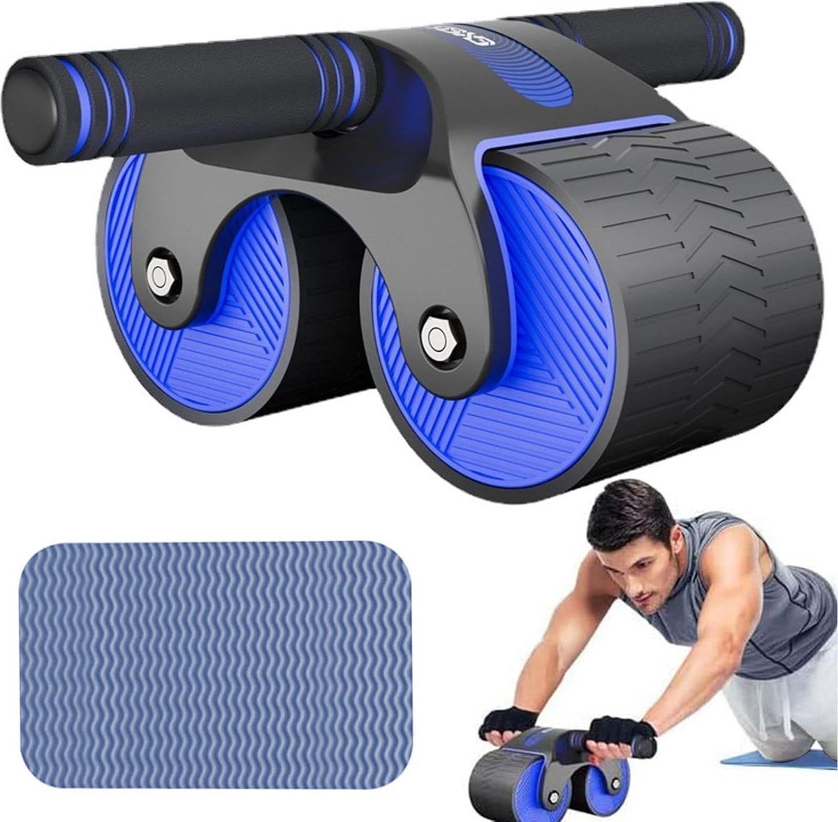 Stabiele dubbele wiel buikroller met automatische rebound - buikspiertrainer voor buikspiertraining (blauw)