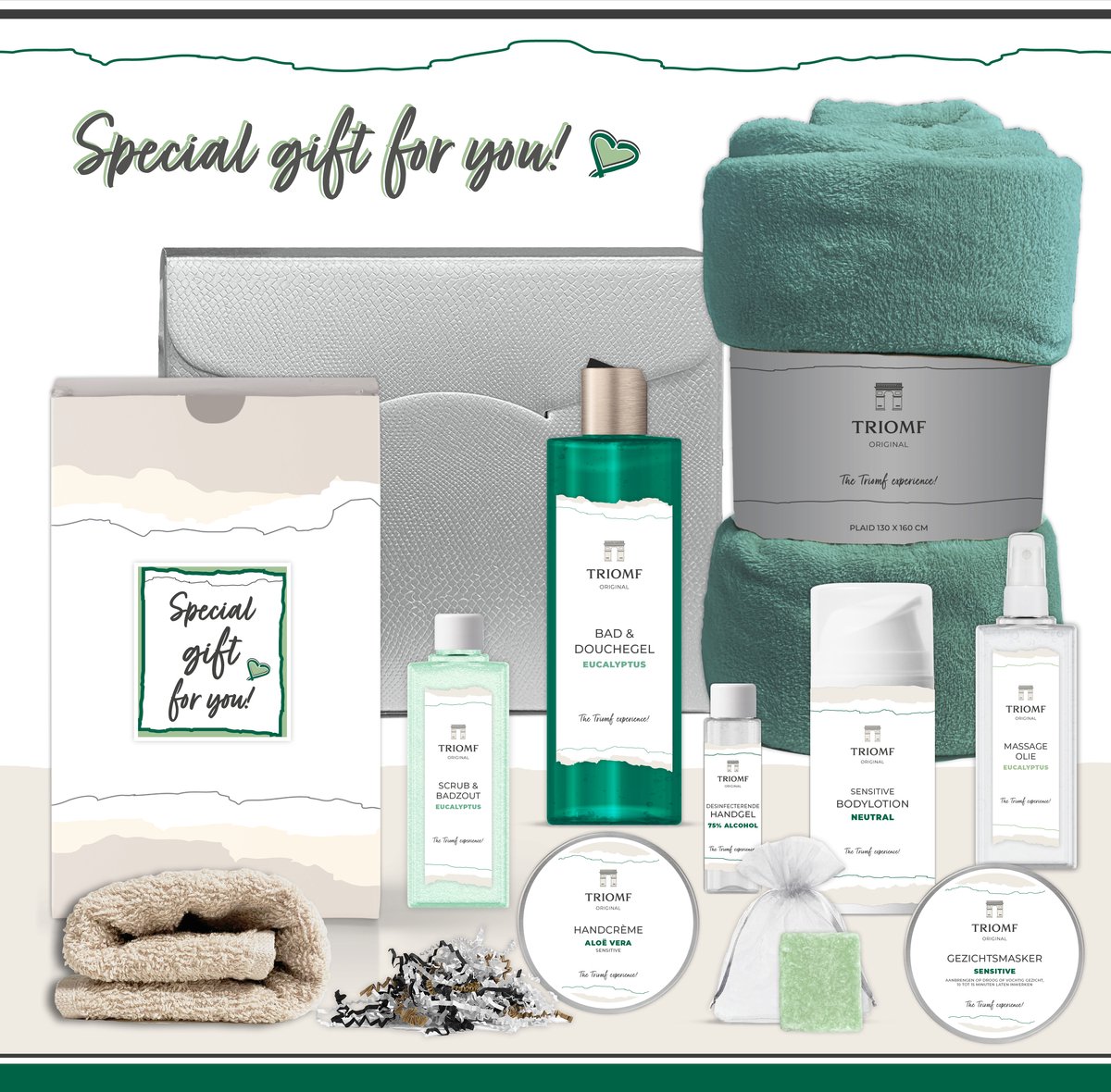 Goedkoopste Geschenkset “Special gift for you!” - 10 producten - 900 gram | Triomf Original - Giftset voor haar - Cadeau Speciaal voor jou - Luxe wellness Cadeaupakket Vrouw - Geschenk Pakket Goud - Douchegel Eucalyptus - Gift Set Verjaardag Kerstpakket Groen