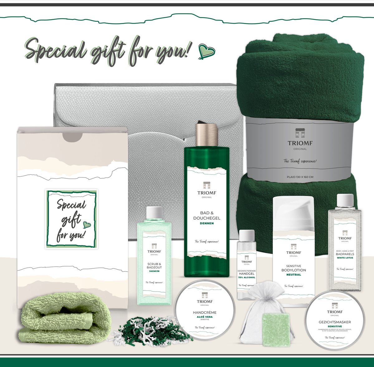 Goedkoopste Geschenkset “Special gift for you!” - 10 producten - 900 gram | Triomf Original - Giftset voor haar - Cadeau Speciaal voor jou - Luxe wellness Cadeaupakket Vrouw - Geschenk Pakket - Douchegel Dennen - Gift Set Verjaardag Kerst Kerstpakket Groen