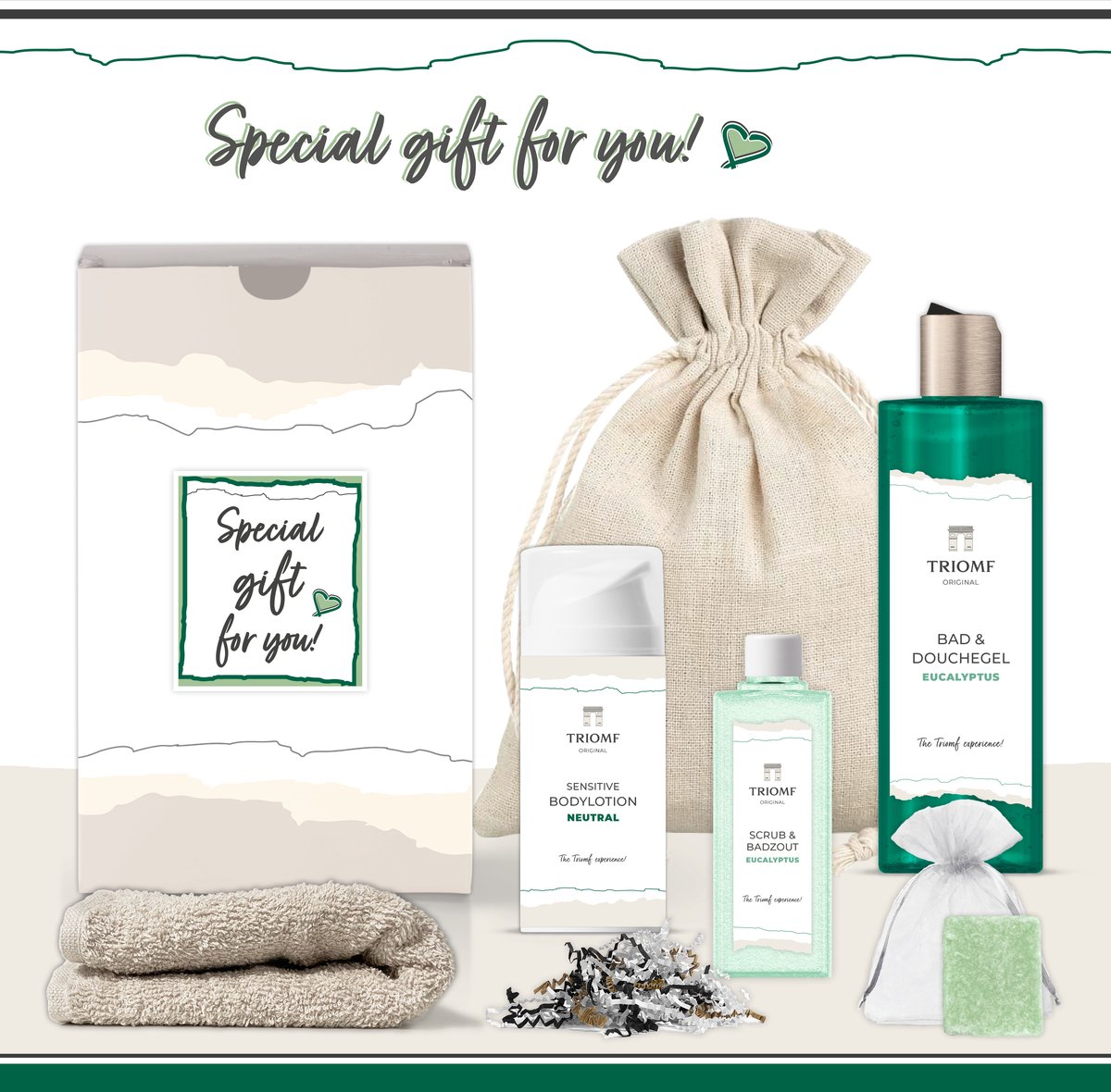 Goedkoopste Geschenkset “Special Gift for You!” - 6 producten - 650 gram | Triomf Original - Giftset Eucalyptus voor haar - Cadeau Speciaal voor jou - Luxe wellness cadeaubox - Cadeaupakket Vrouw - Geschenk Gift Set Douchegel - Verjaardag - Kerst Pakket Groen