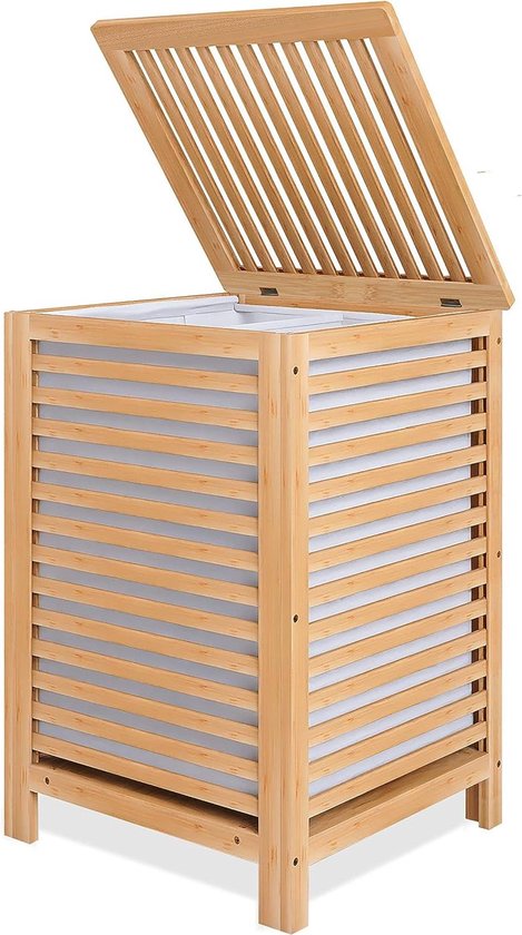 SMIBUY Dubbele Wasmand met Deksel, 120L Bamboe Wasmand met Uitneembare