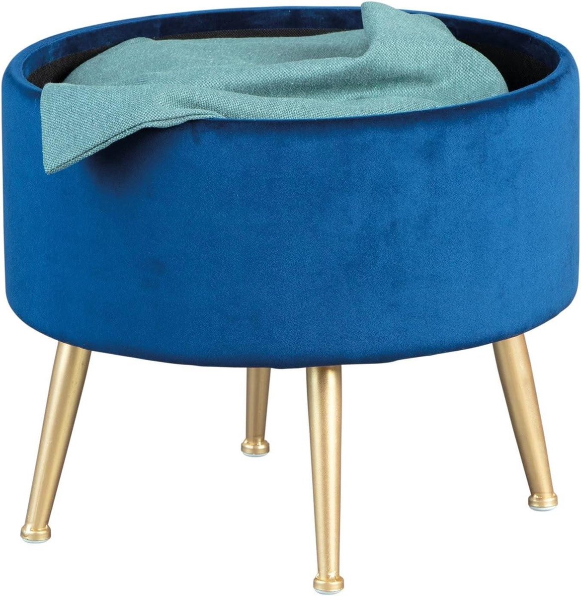 Blauw fluwelen ronde poef met opbergruimte - luxe goudkleurige constructie - 41 x 41 x 38 cm