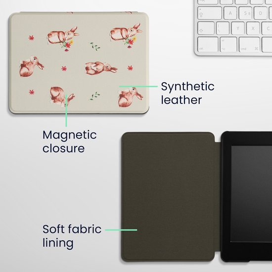 kwmobile e-reader hoesje geschikt voor Amazon Kindle Paperwhite 11. Generation 2021 hoes - E reader flip case met magnetische sluiting - Ereader cover - Konijntjes en Bloemen design in wit / bruin / grijsgroen van kwmobile — afbeelding 4