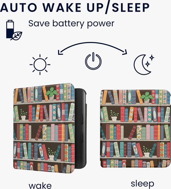 kwmobile e-reader hoesje geschikt voor Kobo Libra Colour hoes - E reader flip case met magnetische sluiting - Ereader cover - Zomerse bibliotheek design in blauw / groen / roze van Merkloos — afbeelding 3