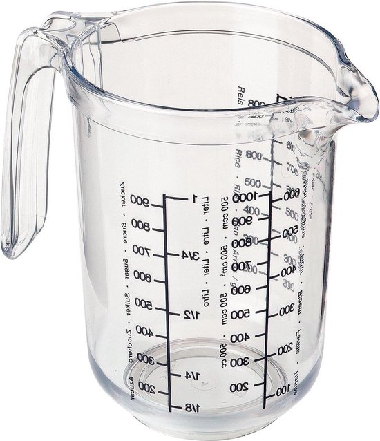 thermohauser Maatbeker met gesloten handgreep, 1000 ml, kunststof PP, blauwe schaal in liter en milliliters, transparant