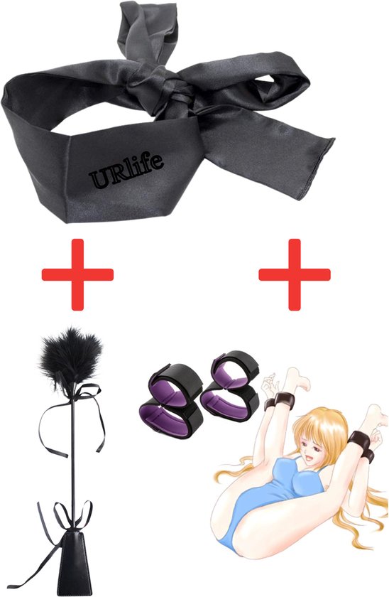 Foto: Urlife bdsm blinddoek zwart inclusief handboeien en enkelboeien met zweep kietelaar en paddle bondage set masker discreet verpakt seks toys