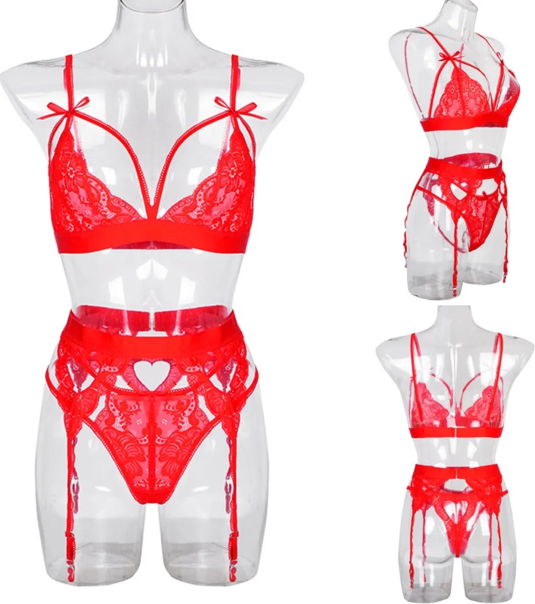 Sexy Lingerie - Vrouwen - 3 delig - Doorschijnend - Top en string en jarretelgordel - Zwart
