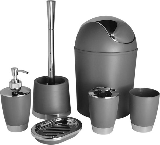 Dioche Badkameraccessoireset, 6-delig, zeepdispenser, zeepbakje, tandenborstelhouder, spoelbeker, toiletborstelhouder, vuilnisbak, badkamerset (grijs