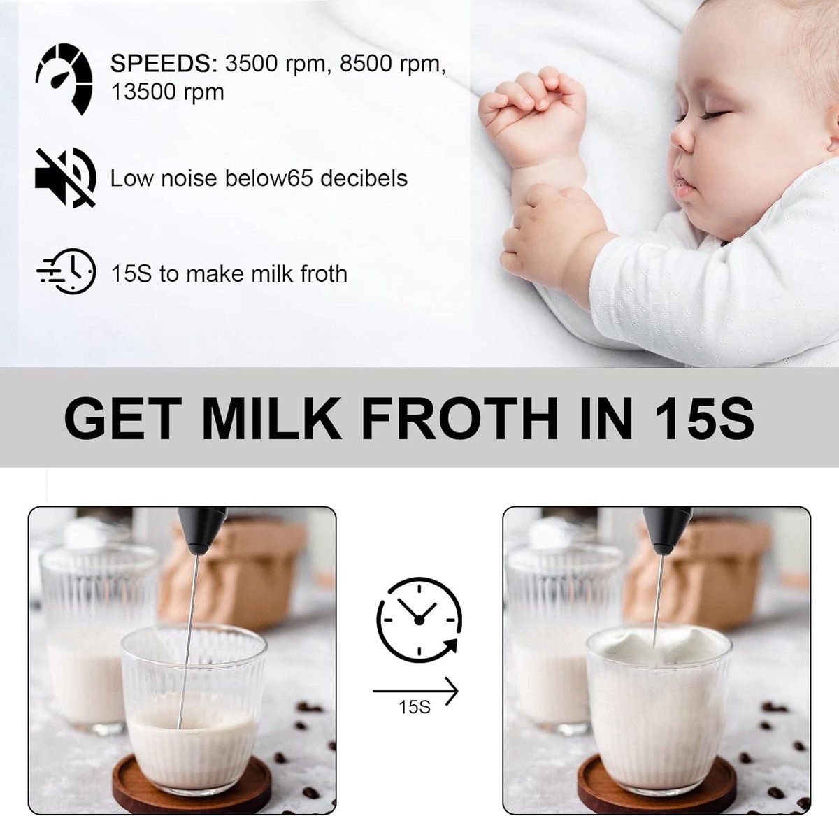 Handheld automatische melkopschuimer met dubbele garde - USB opladen - voor koffie latte cappuccino room eieren - melkrek eierracket — cadeau in Kookcadeaus - foto 6