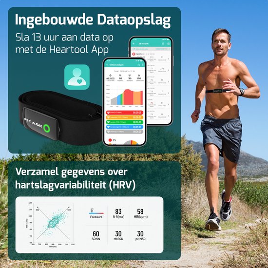 Man die loopt met een zwarte FITAGE hartslagmeter band en een telefoon die de Heartool app toont.