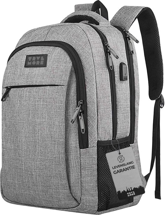 TRVLMORE Rugtas - 28L - 15,6 Inch - Laptop Rugzak met USB - Antidiefstal - Heren en Dames - Tas - Levenslange Garantie - Grijs
