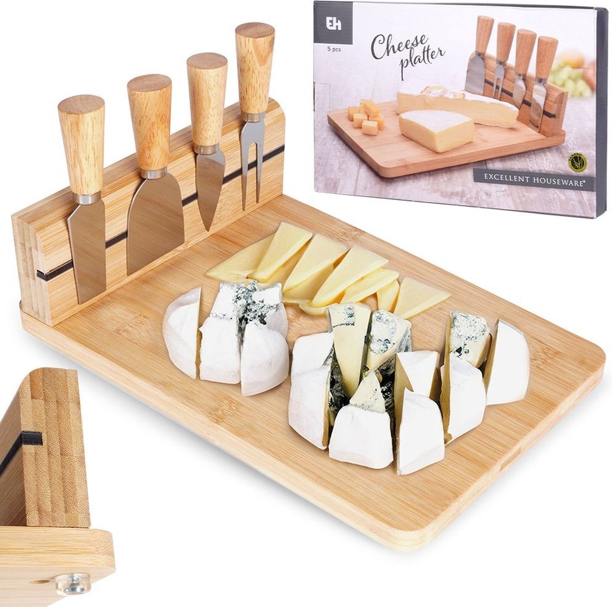 Kaasplank met Kaasmes Bamboe 5 delig - Serveerplank - Kaasmessen - Set - Hapjesplank - Mesjes - Snijplank — cadeau in Kookcadeaus - foto 3