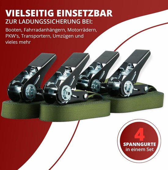 6 spanbanden, sjorbanden met klemsluiting, bevestigingsriem, belastbaar tot 250 kg, volgens DIN EN 12195-2, lengte 5 m breedte 25 mm, eendelig, neongeel