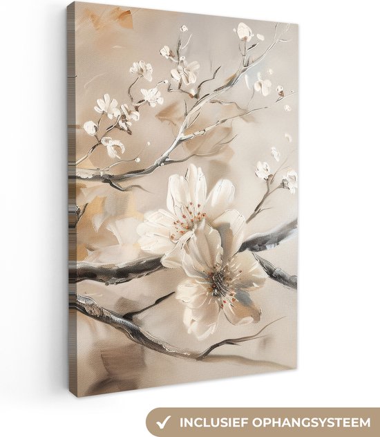 Canvas schilderij met bloeiende witte bloesems op bruine takken, abstracte achtergrond.