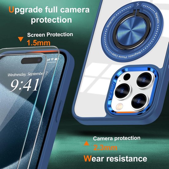 Coque adaptée pour iPhone 15 Pro Max Coque Arara pour Magsafe Coque rigide transparente – Béquille avec Ring rotatif avec 2 protections d'écran – Blauw