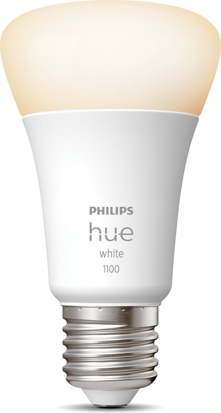 Philips Hue White E27 lamp, 1100 lumen, met een zacht gloeiende lichtkap.