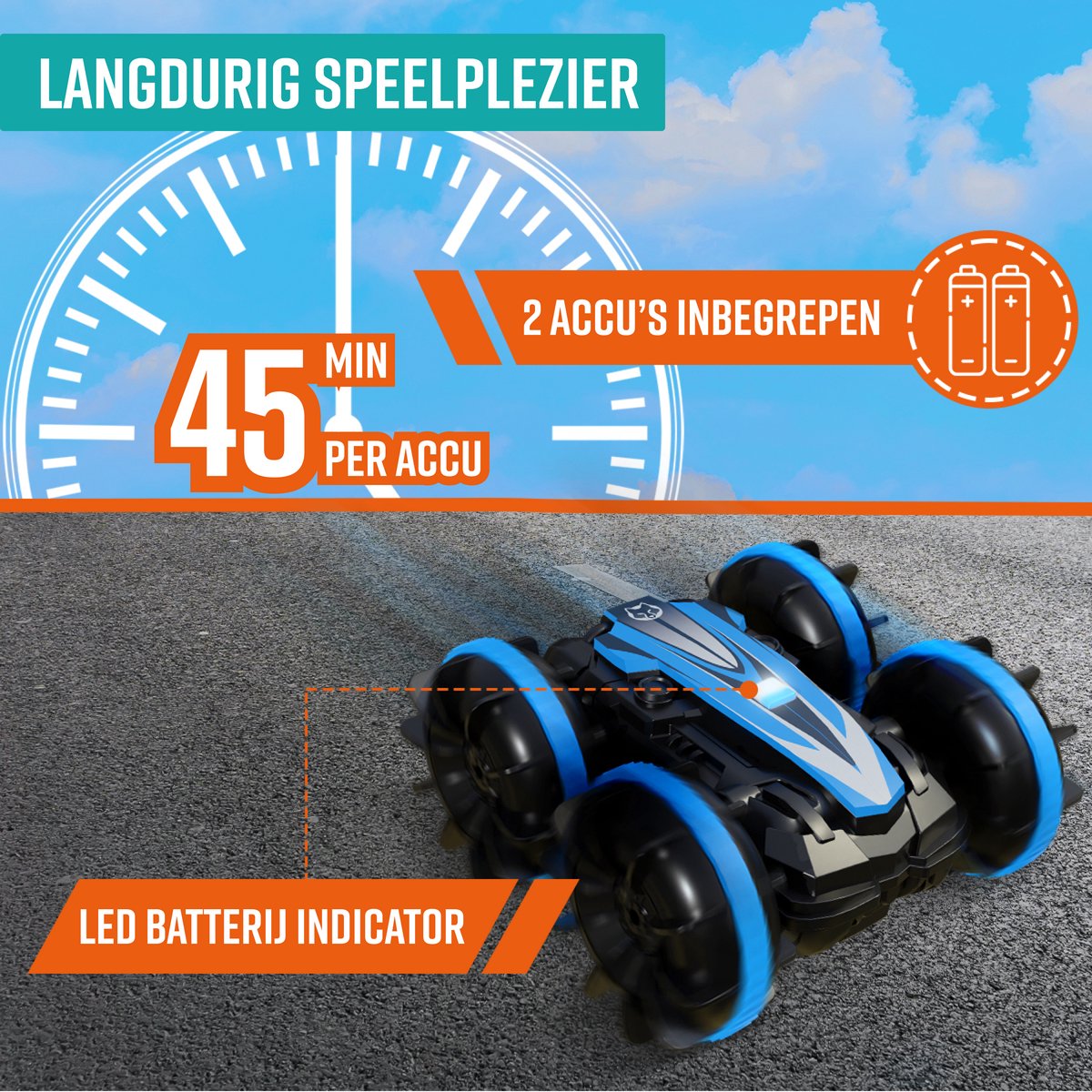 Napi Bestuurbare Auto All-Terrain - RC Auto met 2 Accu's - Waterdicht - Speelgoed Autos Jongens - Buitenspeelgoed - Race Car/Boot Land & Water - 1,5u Speelplezier - Radiografisch - Aqua-Land Racer — afbeelding 3