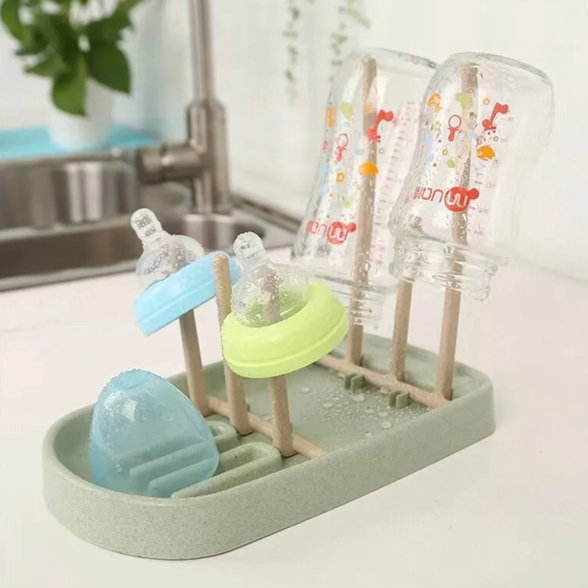 Goedkoopste Flessenrek Afdruiprek voor Babyflessen met lekbak - Flessendroogrek met BIO Tarwestro - Groen