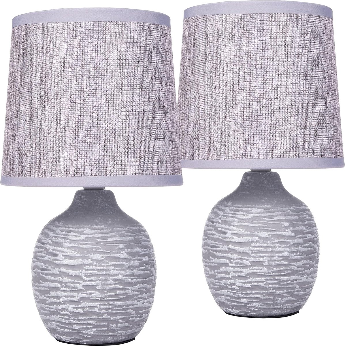BRUBAKER Set van 2 tafel- of bedlampjes, 27 cm, grijs, keramische lampvoeten met structuur, linnen lampenkappen