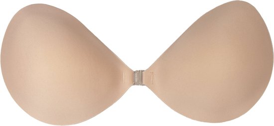 Een beige plak-bh met sluiting aan de voorkant.