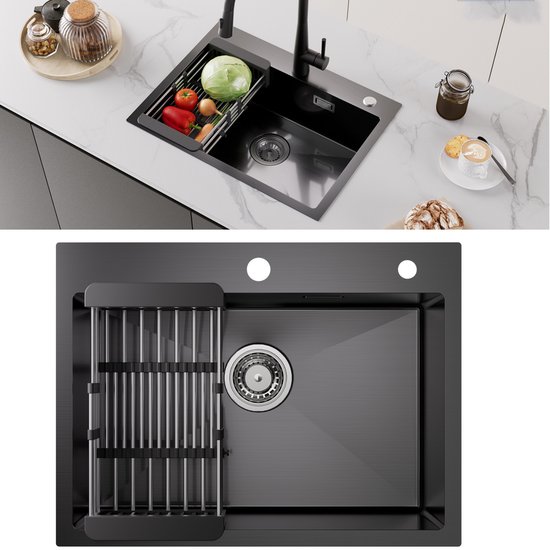 Cecipa Max Keukenspoelbak 1 Kom Zwart 40*45*19CM - RVS Spoelbak 1 Kom Opvouwbare Keuken Zwart Opvouwbare Keukenkraan Keukenmixer Onder Raam