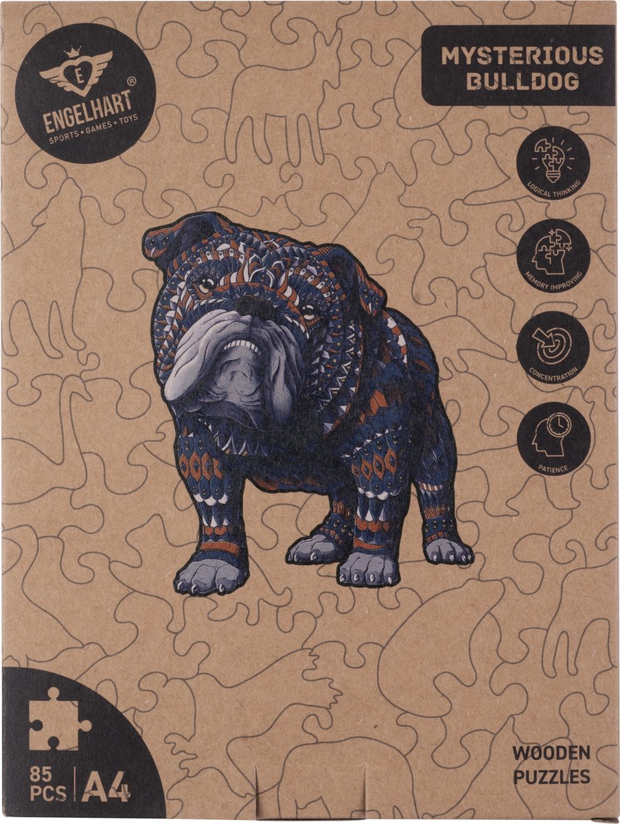 Houten Puzzel Bulldog – 85 Unieke Puzzelstukjes – A4 Formaat Houten Legpuzzel – Dieren Puzzelspel – Compact Denkspel – Inclusief Opbergetui – Engelhart — afbeelding 10