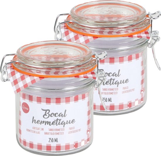 Deux bocaux hermétiques en verre de 250 ml avec joint orange, fermeture à bascule et bordure à carreaux rouge et blanc.