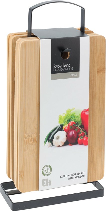 Excellent Houseware Planches à pain avec support - 6x - bois de bambou - 22 x 15 cm - marron clair - planches de petit-déjeuner