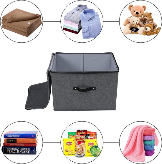 Omygarden Opvouwbare stof opbergdoos met rits deksel, handvat, dekens Kleding Quilts Opbergmand Organizer voor slaapkamer kast plank, 43 × 30 × 30 cm, zwart grijs