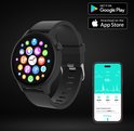 Zwarte smartwatch met kleurrijk icoonmenu op de wijzerplaat en een app-schermweergave met activiteitsstatistieken.