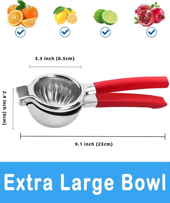 Extra grote roestvrijstalen citroenpers - Premium Heavy Duty Citroenpers Hand - Food Grade Siliconen Handvat - Ergonomische Handmatige Citruspers met Massief Metalen Pers Kom - Rood — afbeelding 2