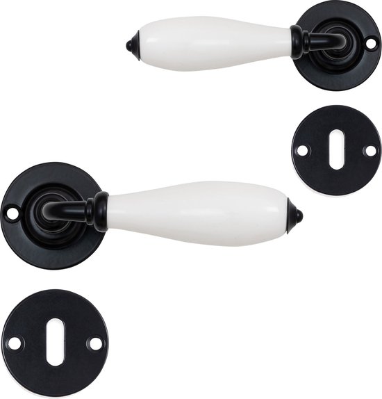 Poignée de porte Rustica sur rosace + ensemble rosace trou de serrure barbe - noir avec poignée en porcelaine - modèle classique - rétro