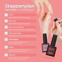 Stappenplan voor BIAB gel nagellak. HandsApplying BIAB gel nagellak met behulp van een kwastje en flesjes nagellak.
