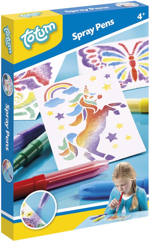Totum Spraypens 5 blaaspennen knutselset incl. unicorn en dieren sjablonen - creatief speelgoed knutselen tekenen en schilderen knutselen
