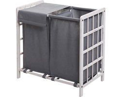 Wasbak MCW-B60, Wasbox wasmand, massief hout 2 vakken 60x60x33cm 68l ~ shabby white, grijs deksel