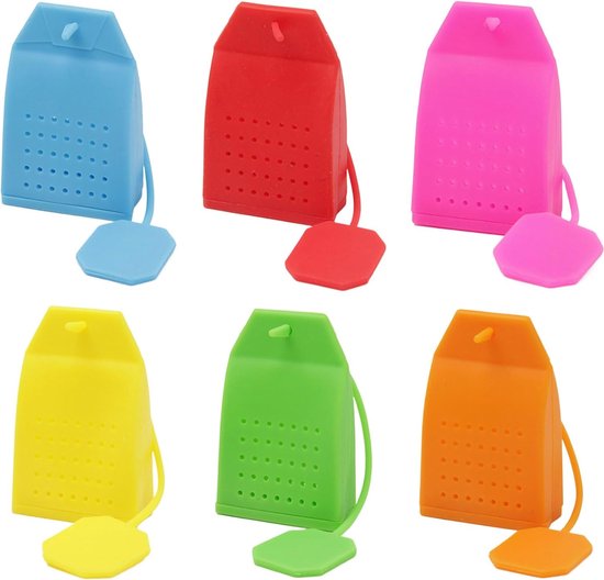 Set van 6 gekleurde siliconen theefilters: blauw, rood, roze, geel, groen en oranje.