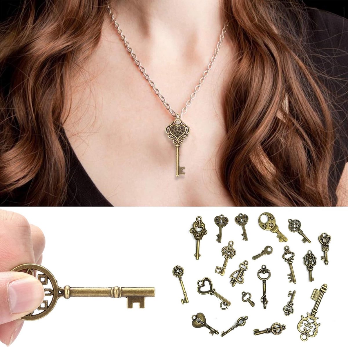 Gtziqa 62 stuks vintage sleutelbedels, antieke vintage skeletsleutel, hangerset voor doe-het-zelf sieraden maken, knutselen, halsketting, armband, bruiloftsdecoratie, geschenken (goud, brons, zilver