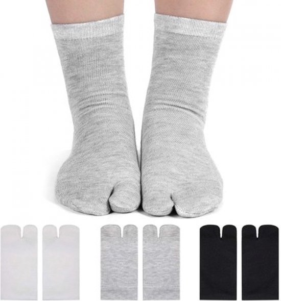 3 paar - Tabi Sokken Set - Wit - Zwart - Grijs - Unisex - Grote Teen Sok Dames 36/42 - Big Toe Sock - Teen sokken - Unisex - Maat One size