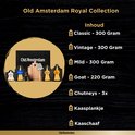 Old Amsterdam Royal Collection: Inhoud. Classic - 300 Gram, Vintage - 300 Gram, Mild - 300 Gram, Goat - 220 Gram, Chutneys - 3x, Kaasplankje, Kaasschaaf.